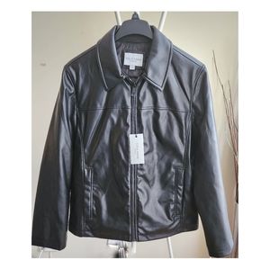 Cole Haan Collared Open Bottom Faux Leather JacketIn Black Size|L New•